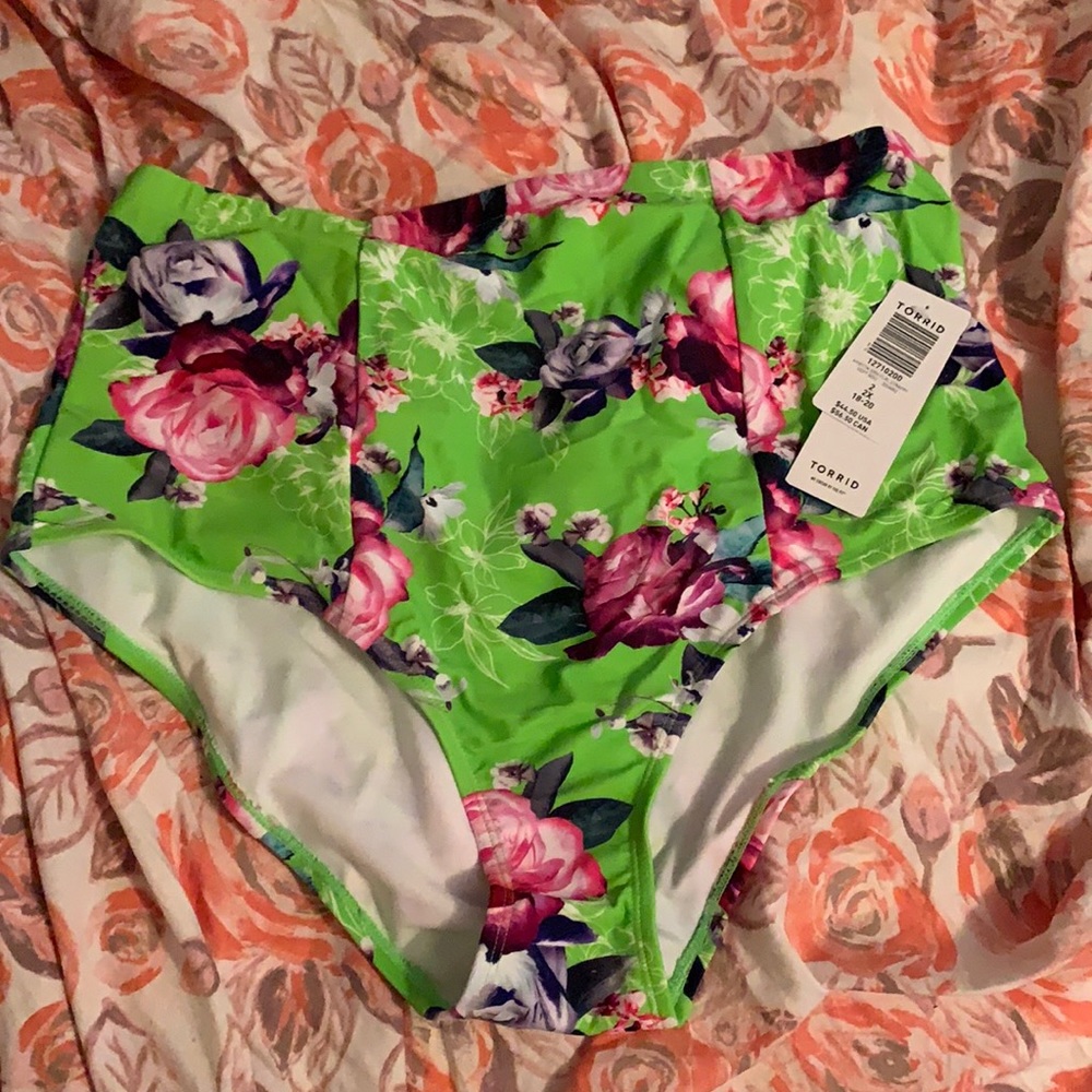 NWT Torrid Green Floral Strappy Back Swim Bottom 2